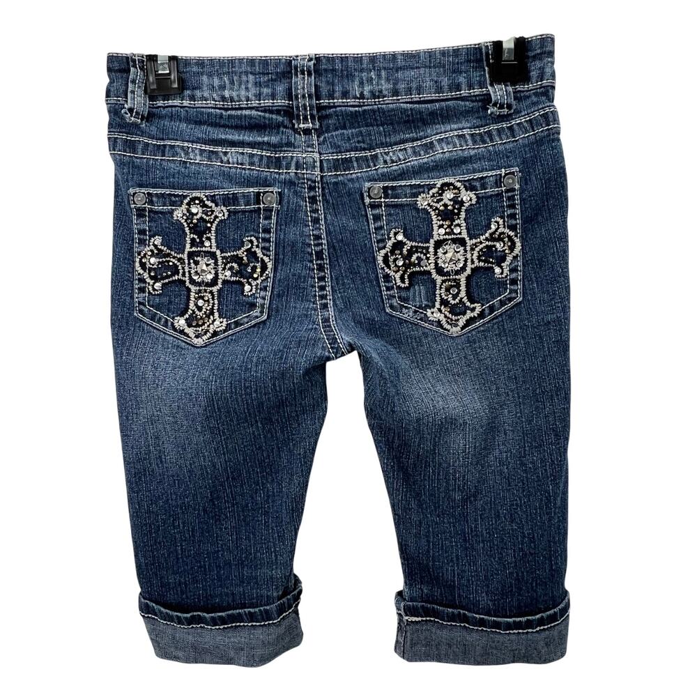 Revolution Revolt Jean Shorts Longer Bermuda 14 Girls Rhinestone Cross Pocket